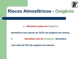 Riscos Atmosféricos - Oxigênio
 Atmosfera pobre em Oxigênio;
Atmosfera com menos de 19,5% de oxigênio em volume.
 Atmosfera rica em Oxigênio; Atmosfera
com mais de 23% de oxigênio em volume.
 