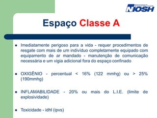 Espaço Classe A
 Imediatamente perigoso para a vida - requer procedimentos de
resgate com mais de um indivíduo completamente equipado com
equipamento de ar mandado - manutenção de comunicação
necessária e um vigia adicional fora do espaço confinado
 OXIGÊNIO - percentual < 16% (122 mmhg) ou > 25%
(190mmhg)
 INFLAMABILIDADE - 20% ou mais do L.I.E. (limite de
explosividade)
 Toxicidade - idhl (ipvs)
 