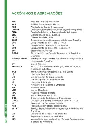 GUIATÉCNICONR-33
ACRÔNIMOS E ABREVIAÇÕES
APH 	 Atendimento Pré-hospitalar
APR 	 Análise Preliminar de Riscos
ASO 	 Atestado de Saúde Ocupacional
CGNOR 	 Coordenação-Geral de Normatização e Programas
CIPA 	 Comissão Interna de Prevenção de Acidentes
DDS 	 Diálogo Diário de Segurança
DOU 	 Diário Oficial da União
DSST 	 Departamento de Segurança e Saúde no Trabalho
EPC 	 Equipamento de Proteção Coletiva
EPI 	 Equipamento de Proteção Individual
EPR 	 Equipamento de Proteção Respiratória
Ex-i 	 Segurança Intrínseca
FISPQ 	 Ficha de Informações de Segurança de Produtos 	
	Químicos
FUNDACENTRO 	 Fundação Jorge Duprat Figueiredo de Segurança e 	
	 Medicina do Trabalho
GT 	 Grupo Técnico
INMETRO 	 Instituto Nacional de Metrologia, Normalização e 	
	 Qualidade Industrial
IPVS 	 Imediatamente Perigoso à Vida e à Saúde
LE 	 Limite de Exposição
LIE 	 Limite Inferior de Explosividade
LSE 	 Limite Superior de Explosividade
LT 	 Limite de Tolerância
MTE 	 Ministério do Trabalho e Emprego
NA 	 Nível de Ação
NBR 	 Norma Brasileira
NPS 	 Nível de Pressão Sonora
NR 	 Norma Regulamentadora
OCC 	 Organismo de Certificação Credenciado
OSHA 	 Occupational Safety and Health Administration
PET 	 Permissão de Entrada e Trabalho
PPR 	 Programa de Proteção Respiratória
SESMT 	 Serviço Especializado em Segurança e Medicina do 	
	Trabalho
SIT 	 Secretaria de Inspeção do Trabalho
SST 	 Segurança e Saúde no Trabalho
VIM 	 Vocabulário Internacional de Termos Fundamentais
	 e Gerais de Metrologia
 