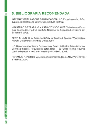 GUIATÉCNICONR-33
62 5. BIBLIOGRAFIA RECOMENDADA
INTERNATIONAL LABOUR ORGANIZATION - ILO. Encyclopaedia of Oc-
cupational Health and Safety. Geneva: ILO. 1971/72.
MINISTÉRIO DE TRABAJO Y ASSUNTOS SOCIALES. Trabajos em Espa-
cios Confinados. Madrid: Instituto Nacional de Seguridad e Higiene em
el Trabajo. 2005.
PETIT, T; LINN, H. A Guide to Safety in Confined Spaces. Washington:
NIOSH. Government Printing Office. 1987.
U.S. Department of Labor Occupational Safety & Health Administration.
Confined Spaces Regulations (Standards – 29 CFR) Permit-required
confined spaces – 1910. 146. Washington: OSHA. 2005.
McMANUS, N. Portable Ventilation Systems Handbook. New York: Taylor
& Francis. 2000
 