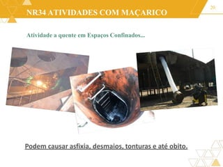 NR34 ATIVIDADES COM MAÇARICO
Atividade a quente em Espaços Confinados...
20
Podem causar asfixia, desmaios, tonturas e até obito.
 