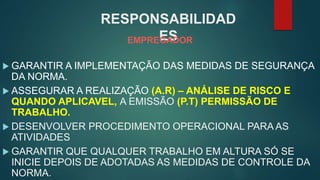 RESPONSABILIDAD
ES
EMPREGADOR
 GARANTIR A IMPLEMENTAÇÃO DAS MEDIDAS DE SEGURANÇA
DA NORMA.
 ASSEGURAR A REALIZAÇÃO (A.R) – ANÁLISE DE RISCO E
QUANDO APLICAVEL, A EMISSÃO (P.T) PERMISSÃO DE
TRABALHO.
 DESENVOLVER PROCEDIMENTO OPERACIONAL PARA AS
ATIVIDADES
 GARANTIR QUE QUALQUER TRABALHO EM ALTURA SÓ SE
INICIE DEPOIS DE ADOTADAS AS MEDIDAS DE CONTROLE DA
NORMA.
 