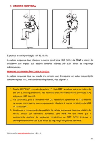 7. CADEIRA SUSPENSA




                               Figura 1                          Figura 2



É proibida a sua improvisação (NR 15.15.54).

A cadeira suspensa deve obedecer à norma construtiva NBR 14751 da ABNT e dispor de
dispositivo que impeça sua descida acidental operado por duas travas de segurança
independentes.

MEDIDAS DE PROTEÇÃO CONTRA QUEDA:

A cadeira suspensa deve ser usada em conjunto com travaqueda em cabo independente
conforme figuras 1 e 2. Para detalhes comparativos, veja página 43.



    1. Desde 09/07/2002, por meio da portaria nº 13 do MTE, a cadeira suspensa deixou de
         ser EPI e, consequentemente, não necessita mais do certificado de aprovação (CA)
         exigido na NR6, item 6.9.
    2. Até 09/07/2002, para o fabricante obter CA, necessitava apresentar ao MTE relatório
         de ensaio comprovando que o equipamento obedecia à norma construtiva da NBR
         14751 da ABNT.
    3. Atualmente a comprovação da qualidade da cadeira suspensa é dada por relatório de
         ensaio emitido por laboratório acreditado pelo INMETRO que atesta que o
         equipamento obedece às exigências construtivas da NBR 14751 inclusive o
         desempenho dinâmico das duas travas de segurança obrigatórias pelo MTE.




Maiores detalhes: www.gulin.com.br vídeos 1, 3, 9 e 22.



                                                                                             30
 