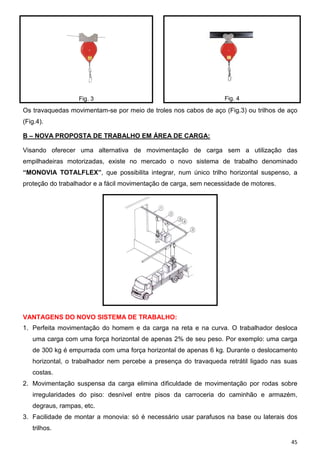 Fig. 3                                          Fig. 4

Os travaquedas movimentam-se por meio de troles nos cabos de aço (Fig.3) ou trilhos de aço
(Fig.4).

B – NOVA PROPOSTA DE TRABALHO EM ÁREA DE CARGA:

Visando oferecer uma alternativa de movimentação de carga sem a utilização das
empilhadeiras motorizadas, existe no mercado o novo sistema de trabalho denominado
“MONOVIA TOTALFLEX”, que possibilita integrar, num único trilho horizontal suspenso, a
proteção do trabalhador e a fácil movimentação de carga, sem necessidade de motores.




VANTAGENS DO NOVO SISTEMA DE TRABALHO:
1. Perfeita movimentação do homem e da carga na reta e na curva. O trabalhador desloca
   uma carga com uma força horizontal de apenas 2% de seu peso. Por exemplo: uma carga
   de 300 kg é empurrada com uma força horizontal de apenas 6 kg. Durante o deslocamento
   horizontal, o trabalhador nem percebe a presença do travaqueda retrátil ligado nas suas
   costas.
2. Movimentação suspensa da carga elimina dificuldade de movimentação por rodas sobre
   irregularidades do piso: desnível entre pisos da carroceria do caminhão e armazém,
   degraus, rampas, etc.
3. Facilidade de montar a monovia: só é necessário usar parafusos na base ou laterais dos
   trilhos.

                                                                                        45
 