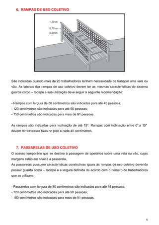 6. RAMPAS DE USO COLETIVO




São indicadas quando mais de 20 trabalhadores tenham necessidade de transpor uma vala ou
vão. As laterais das rampas de uso coletivo devem ter as mesmas características do sistema
guarda corpo – rodapé e sua utilização deve seguir a seguinte recomendação:


- Rampas com largura de 80 centímetros são indicadas para até 45 pessoas;
- 120 centímetros são indicadas para até 90 pessoas;
- 150 centímetros são indicadas para mais de 91 pessoas.


As rampas são indicadas para inclinação de até 15° Rampas com inclinação entre 6° a 15°
                                                 .
devem ter travessas fixas no piso a cada 40 centímetros.




   7. PASSARELAS DE USO COLETIVO
O acesso temporário que se destina à passagem de operários sobre uma vala ou vão, cujas
margens estão em nível é a passarela.
As passarelas possuem características construtivas iguais às rampas de uso coletivo devendo
possuir guarda corpo – rodapé e a largura definida de acordo com o número de trabalhadores
que as utilizam:


- Passarelas com largura de 80 centímetros são indicadas para até 45 pessoas;
- 120 centímetros são indicadas para até 90 pessoas;
- 150 centímetros são indicadas para mais de 91 pessoas.




                                                                                          6
 