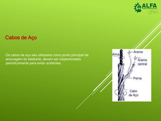 Cabos de Aço
Os cabos de aço são utilizados como ponto principal de
ancoragem do talabarte, devem ser inspecionados
periodicamente para evitar acidentes.
 