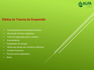 Efeitos do Trauma de Suspensão
 Estrangulamento das artérias femorais;
 Diminuição do fluxo sanguíneo;
 Falta de oxigenação para o cérebro;
 Inconsciência;
 Coagulação do sangue;
 Morte das células dos membros inferiores;
 Embolia Pulmonar;
 Parada cardio-respiratória;
 Morte
 
