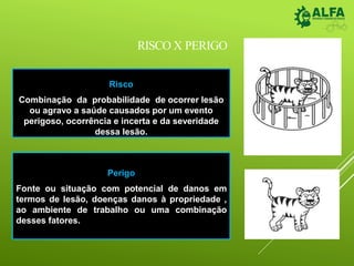 RISCO X PERIGO
Risco
Combinação da probabilidade de ocorrer lesão
ou agravo a saúde causados por um evento
perigoso, ocorrência e incerta e da severidade
dessa lesão.
Perigo
Fonte ou situação com potencial de danos em
termos de lesão, doenças danos à propriedade ,
ao ambiente de trabalho ou uma combinação
desses fatores.
 