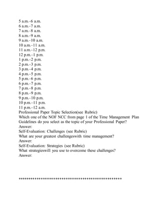 5 a.m.–6 a.m.
6 a.m.–7 a.m.
7 a.m.–8 a.m.
8 a.m.–9 a.m.
9 a.m.–10 a.m.
10 a.m.–11 a.m.
11 a.m.–12 p.m.
12 p.m.–1 p.m.
1 p.m.–2 p.m.
2 p.m.–3 p.m.
3 p.m.–4 p.m.
4 p.m.–5 p.m.
5 p.m.–6 p.m.
6 p.m.–7 p.m.
7 p.m.–8 p.m.
8 p.m.–9 p.m.
9 p.m.–10 p.m.
10 p.m.–11 p.m.
11 p.m.–12 a.m.
Professional Paper Topic Selection(see Rubric)
Which one of the NOF NCC from page 1 of the Time Management Plan
Guidelines do you select as the topic of your Professional Paper?
Answer:
Self-Evaluation: Challenges (see Rubric)
What are your greatest challengeswith time management?
Answer:
Self-Evaluation: Strategies (see Rubric)
What strategieswill you use to overcome these challenges?
Answer:
**************************************************
 