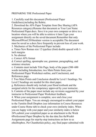 PREPARING THE Professional Paper
1. Carefully read this document (Professional Paper
Guidelines),including the Rubric.
2. Download the APA Paper Template from Doc Sharing (APA
Resources category).Rename that document as Your Last Name
Professional Paper.docx. Save it to your own computer or drive in a
location where you will be able to retrieve it later.Type your
assignment directly on the saved document.Remember that only
MicrosoftWord 2010oralater version is acceptable.The document
must be saved as a.docx.Save frequently to prevent loss of your work.
3. Mechanics of the Professional Paper include:
a. Times New Roman size 12 typeface (font) double spaced with 1-
inch margins
b. No abstract
c. Correct APA format
d. Correct spelling, apostrophe use, grammar, paragraphing, and
sentence structure
e. Contents must include Title Page, body of the paper (500–600
words including Introduction, two Main Points from your
Professional Paper Worksheet outline, and Conclusion), and
References page.
f. Two Main Points and Conclusion should be Level 1 headings. No
Level 2 headings are needed for this short paper.
g. References should only include your Hood textbook and the
assigned article for the competency approved by your instructor.
h. Contents of the paper must include any revisions suggested by your
instructor in Professional Paper Worksheet feedback.
4. When your assignment is complete, save and close your
Professional Paper. You are strongly encouraged to submit your paper
to the Turnitin Draft Dropbox (see information in Course Resources
under Course Home tab) to check your own similarity index. When
you are happy with your paper and your similarity index is below
24%,submit your completed paper as an attachment to the Week
6Professional Paper Dropbox by the due date.See theWeek6
Assignments page for step-by-step instructions on how to us
etheDropbox. Per Chamberlain policy, any final paper submitted with
 