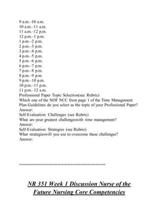 9 a.m.–10 a.m.
10 a.m.–11 a.m.
11 a.m.–12 p.m.
12 p.m.–1 p.m.
1 p.m.–2 p.m.
2 p.m.–3 p.m.
3 p.m.–4 p.m.
4 p.m.–5 p.m.
5 p.m.–6 p.m.
6 p.m.–7 p.m.
7 p.m.–8 p.m.
8 p.m.–9 p.m.
9 p.m.–10 p.m.
10 p.m.–11 p.m.
11 p.m.–12 a.m.
Professional Paper Topic Selection(see Rubric)
Which one of the NOF NCC from page 1 of the Time Management
Plan Guidelines do you select as the topic of your Professional Paper?
Answer:
Self-Evaluation: Challenges (see Rubric)
What are your greatest challengeswith time management?
Answer:
Self-Evaluation: Strategies (see Rubric)
What strategieswill you use to overcome these challenges?
Answer:
************************************************************
NR 351 Week 1 Discussion Nurse of the
Future Nursing Core Competencies
 