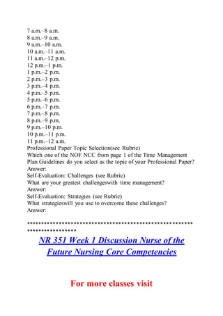 7 a.m.–8 a.m.
8 a.m.–9 a.m.
9 a.m.–10 a.m.
10 a.m.–11 a.m.
11 a.m.–12 p.m.
12 p.m.–1 p.m.
1 p.m.–2 p.m.
2 p.m.–3 p.m.
3 p.m.–4 p.m.
4 p.m.–5 p.m.
5 p.m.–6 p.m.
6 p.m.–7 p.m.
7 p.m.–8 p.m.
8 p.m.–9 p.m.
9 p.m.–10 p.m.
10 p.m.–11 p.m.
11 p.m.–12 a.m.
Professional Paper Topic Selection(see Rubric)
Which one of the NOF NCC from page 1 of the Time Management
Plan Guidelines do you select as the topic of your Professional Paper?
Answer:
Self-Evaluation: Challenges (see Rubric)
What are your greatest challengeswith time management?
Answer:
Self-Evaluation: Strategies (see Rubric)
What strategieswill you use to overcome these challenges?
Answer:
********************************************************
*****************
NR 351 Week 1 Discussion Nurse of the
Future Nursing Core Competencies
For more classes visit
 