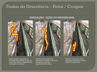 SIMULAÇÃO: AÇÃO DO PROFISSIONAL

Estava sentado, segurando no
travessão intermediário do guarda
corpo, sem atracar o dispositivo de
ancoragem do talabarte

Projetou-se para dentro da
passarela de trabalho onde havia
vão aberto no piso de
aproximadamente 40cm

Momento em que seu corpo
passou pelo vão aberto no piso,
caindo em queda livre.

 