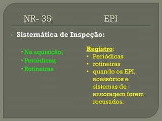 

Sistemática de Inspeção:
 Na aquisição;
 Periódicas;
 Rotineiras

Registro:
• Periódicas
• rotineiras
• quando os EPI,
acessórios e
sistemas de
ancoragem forem
recusados.

 