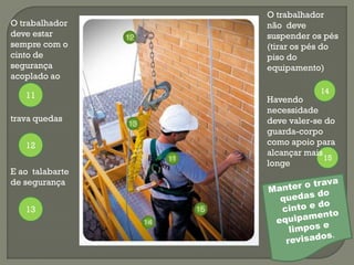 O trabalhador
deve estar
sempre com o
cinto de
segurança
acoplado ao
11
trava quedas
12
E ao talabarte
de segurança
13

O trabalhador
não deve
suspender os pés
(tirar os pés do
piso do
equipamento)
14

Havendo
necessidade
deve valer-se do
guarda-corpo
como apoio para
alcançar mais
15
longe

 