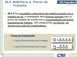 • 36.2.2 Para possibilitar a alternância do trabalho sentado com o
trabalho em pé, o empregador deve fornecer assentos para os
postos de trabalho de acordo com as recomendações da Análise
Ergonômica do Trabalho - AET, assegurando, no mínimo, um
assento para cada três trabalhadores.
– Prazos de implantação:
• 1 p/a 4 funcionários em 9 meses
• 1 p/a 3 funcionários em 2 anos
36.2. Mobiliário e Postos de
Trabalho
 
