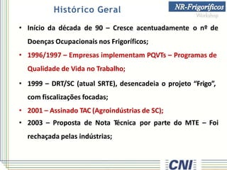 Histórico Geral
• Início da década de 90 – Cresce acentuadamente o nº de
Doenças Ocupacionais nos Frigoríficos;
• 1996/1997 – Empresas implementam PQVTs – Programas de
Qualidade de Vida no Trabalho;
• 1999 – DRT/SC (atual SRTE), desencadeia o projeto “Frigo”,
com fiscalizações focadas;
• 2001 – Assinado TAC (Agroindústrias de SC);
• 2003 – Proposta de Nota Técnica por parte do MTE – Foi
rechaçada pelas indústrias;
 