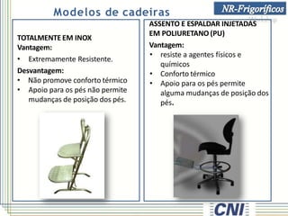 Modelos de cadeiras
TOTALMENTE EM INOX
Vantagem:
• Extremamente Resistente.
Desvantagem:
• Não promove conforto térmico
• Apoio para os pés não permite
mudanças de posição dos pés.
ASSENTO E ESPALDAR INJETADAS
EM POLIURETANO (PU)
Vantagem:
• resiste a agentes físicos e
químicos
• Conforto térmico
• Apoio para os pés permite
alguma mudanças de posição dos
pés.
 