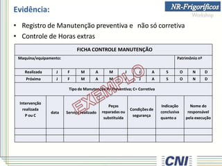 • Registro de Manutenção preventiva e não só corretiva
• Controle de Horas extras
FICHA CONTROLE MANUTENÇÃO
Maquina/equipamento: Patrimônio nº
Realizada J F M A M J J A S O N D
Próxima J F M A M J J A S O N D
Tipo de Manutenção P= Preventiva; C= Corretiva
Intervenção
realizada
P ou C
data Serviço realizado
Peças
reparadas ou
substituida
Condiçõesde
segurança
Indicação
conclusiva
quantoa
Nome do
responsável
pela execução
Evidência:
 