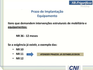 Prazo de Implantação
Equipamento
Itens que demandem intervenções estruturais de mobiliário e
equipamentos:
NR 36 - 12 meses
Se a exigência já existir, a exemplo das:
• NR 10
• NR 11
• NR 12
ATENDER PRAZOS JÁ ESTABELECIDOS
 