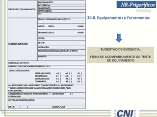DADOSDO EQUIPAMENTO:
EQUIPAMENTO:
REFERÊNCIA:
FABRICANTE:
FORNECEDOR:
CA:
DADOS GERAIS:
TEMPO ESTIMADO PARA O TESTE:
INÍCIO: DATA: HORA:
TÉRMINO:DATA: HORA:
LOCAL:
SETOR:
OPERAÇÃO:
FUNCIONÁRIODESIGNADO PARA O TESTE:
FUNÇÃO:
DESCRIÇÃODO TESTE:
OPINIÃO DO FUNCIONÁRIO SOBRE O E.P.I.:
CONCLUSÕESGERAIS:
MALEABILIDADE: A ( ) AR ( ) R ( )
RESISTÊNCIA: A ( ) AR ( ) R ( )
DURABILIDADE: A ( ) AR ( ) R ( )
CONFORTO: A ( ) AR ( ) R ( )
A = APROVADO; AR = APROVADO COM RESTRIÇÃO;R = REPROVADO
* CONCLUSÕESCOM BASE NAS INFORMAÇÕESFORNECIDAS PELO
FUNCIONÁRIO
CONCLUSÕES FINAIS DO FUNCIONÁRIO: ( ) APROVADO ( )
REPROVADO
OUTRAS CONSIDERAÇÕES:
DATA: / / ASSINATURA
SUGESTÃO DE EVIDÊNCIA:
FICHA DE ACOMPANHAMENTO DE TESTE
DE EQUIPAMENTO
36.8. Equipamentos e Ferramentas
 