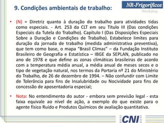 9. Condições ambientais de trabalho:
• (N) = Diretriz quanto à duração do trabalho para atividades tidas
como especiais. - Art. 253 da CLT em seu Título III (Das condições
Especiais da Tutela do Trabalho). Capítulo I (Das Disposições Especiais
Sobre a Duração e Condições de Trabalho). Estabelece limites para
duração da jornada de trabalho (medida administrativa preventiva),
que tem como base, o mapa “Brasil Climas” – da Fundação Instituto
Brasileiro de Geografia e Estatística – IBGE da SEPLAN, publicado no
ano de 1978 e que define as zonas climáticas brasileiras de acordo
com a temperatura média anual, a média anual de meses secos e o
tipo de vegetação natural, nos termos da Portaria nº 21 do Ministério
do Trabalho, de 26 de dezembro de 1994. – Não confundir com Limite
de Tolerância para fins de Insalubridade ou Nocividade para fins de
concessão de aposentadoria especial;
• Nota: No entendimento do autor - embora sem previsão legal - esta
faixa equivale ao nível de ação, a exemplo do que existe para o
agente físico Ruído e Produtos Químicos de avaliação quantitativa.
 