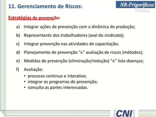 11. Gerenciamento de Riscos:
Estratégias de prevenção:
a) Integrar ações de prevenção com a dinâmica de produção;
b) Representante dos trabalhadores (aval do sindicato);
c) Integrar prevenção nas atividades de capacitação;
d) Planejamento de prevenção “x” avaliação de riscos (métodos);
e) Medidas de prevenção (eliminação/redução) “x” lista doenças;
f) Avaliação:
• processo continuo e interativo;
• integrar os programas de prevenção;
• consulta as partes interessadas.
 