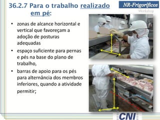 36.2.7 Para o trabalho realizado
em pé:
• zonas de alcance horizontal e
vertical que favoreçam a
adoção de posturas
adequadas
• espaço suficiente para pernas
e pés na base do plano de
trabalho,
• barras de apoio para os pés
para alternância dos membros
inferiores, quando a atividade
permitir;
 