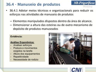 • 36.4.1 Adotar meios técnicos e organizacionais para reduzir os
esforços nas atividades de manuseio de produtos
– Elementos manipulados dispostos dentro da área de alcance.
– Dimensionar a altura das esteiras ou de outro mecanismo de
depósito de produtos manuseados
36.4 - Manuseio de produtos
Evidência:
Análise Ergonômica:
- Analisar esforços
- Postura e movimentos
exigidos na tarefa
- Altura dos equipamentos
- Repetitividade
- Necessidade de rodizio
 