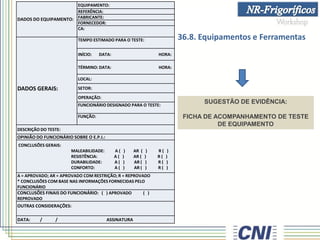 DADOS DO EQUIPAMENTO:
EQUIPAMENTO:
REFERÊNCIA:
FABRICANTE:
FORNECEDOR:
CA:
DADOS GERAIS:
TEMPO ESTIMADO PARA O TESTE:
INÍCIO: DATA: HORA:
TÉRMINO: DATA: HORA:
LOCAL:
SETOR:
OPERAÇÃO:
FUNCIONÁRIO DESIGNADO PARA O TESTE:
FUNÇÃO:
DESCRIÇÃO DO TESTE:
OPINIÃO DO FUNCIONÁRIO SOBRE O E.P.I.:
CONCLUSÕES GERAIS:
MALEABILIDADE: A ( ) AR ( ) R ( )
RESISTÊNCIA: A ( ) AR ( ) R ( )
DURABILIDADE: A ( ) AR ( ) R ( )
CONFORTO: A ( ) AR ( ) R ( )
A = APROVADO; AR = APROVADO COM RESTRIÇÃO; R = REPROVADO
* CONCLUSÕES COM BASE NAS INFORMAÇÕES FORNECIDAS PELO
FUNCIONÁRIO
CONCLUSÕES FINAIS DO FUNCIONÁRIO: ( ) APROVADO ( )
REPROVADO
OUTRAS CONSIDERAÇÕES:
DATA: / / ASSINATURA
SUGESTÃO DE EVIDÊNCIA:
FICHA DE ACOMPANHAMENTO DE TESTE
DE EQUIPAMENTO
36.8. Equipamentos e Ferramentas
 