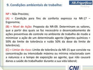 9. Condições ambientais de trabalho:
NP = Não Previsto;
(A) = Condição para fins de conforto expressa na NR-17 –
Ergonomia;
(B) = Nível de Ação: Proposta da NR-09. Determinam os valores,
que a partir dos quais se faz necessário o desencadeamento de
ações preventivas de controle no ambiente de trabalho de modo a
minimizar a ação de um determinado agente (Agentes químicos =
50% do limite de tolerância e ruído 50% da dose do limite de
tolerância);
(C) = Limiar de risco: Limite de tolerância da NR-15 que consiste na
concentração ou intensidade máxima ou mínima relacionada com
a natureza e o tempo de exposição ao agente, que não causará
danos a saúde do trabalhador durante a sua vida laboral;
 