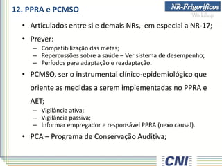12. PPRA e PCMSO
• Articulados entre si e demais NRs, em especial a NR-17;
• Prever:
– Compatibilização das metas;
– Repercussões sobre a saúde – Ver sistema de desempenho;
– Períodos para adaptação e readaptação.
• PCMSO, ser o instrumental clínico-epidemiológico que
oriente as medidas a serem implementadas no PPRA e
AET;
– Vigilância ativa;
– Vigilância passiva;
– Informar empregador e responsável PPRA (nexo causal).
• PCA – Programa de Conservação Auditiva;
 