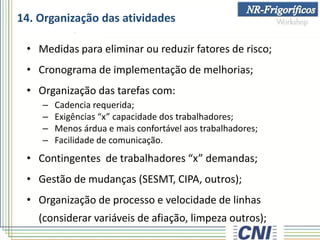 14. Organização das atividades
• Medidas para eliminar ou reduzir fatores de risco;
• Cronograma de implementação de melhorias;
• Organização das tarefas com:
– Cadencia requerida;
– Exigências “x” capacidade dos trabalhadores;
– Menos árdua e mais confortável aos trabalhadores;
– Facilidade de comunicação.
• Contingentes de trabalhadores “x” demandas;
• Gestão de mudanças (SESMT, CIPA, outros);
• Organização de processo e velocidade de linhas
(considerar variáveis de afiação, limpeza outros);
 