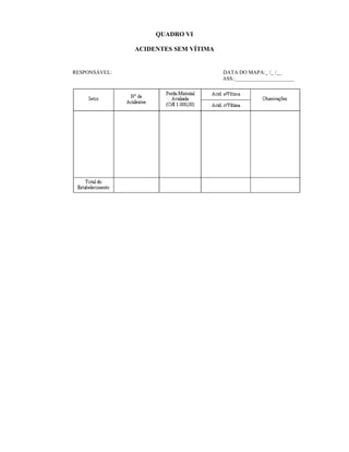 QUADRO VI
ACIDENTES SEM VÍTIMA
RESPONSÁVEL: DATA DO MAPA:_ /_ /__
ASS.:______________________
 