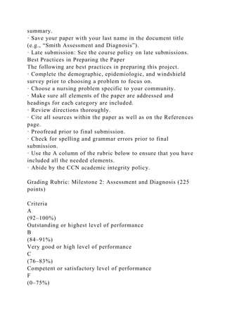 summary.
· Save your paper with your last name in the document title
(e.g., “Smith Assessment and Diagnosis”).
· Late submission: See the course policy on late submissions.
Best Practices in Preparing the Paper
The following are best practices in preparing this project.
· Complete the demographic, epidemiologic, and windshield
survey prior to choosing a problem to focus on.
· Choose a nursing problem specific to your community.
· Make sure all elements of the paper are addressed and
headings for each category are included.
· Review directions thoroughly.
· Cite all sources within the paper as well as on the References
page.
· Proofread prior to final submission.
· Check for spelling and grammar errors prior to final
submission.
· Use the A column of the rubric below to ensure that you have
included all the needed elements.
· Abide by the CCN academic integrity policy.
Grading Rubric: Milestone 2: Assessment and Diagnosis (225
points)
Criteria
A
(92–100%)
Outstanding or highest level of performance
B
(84–91%)
Very good or high level of performance
C
(76–83%)
Competent or satisfactory level of performance
F
(0–75%)
 