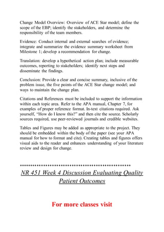 Change Model Overview: Overview of ACE Star model; define the
scope of the EBP; identify the stakeholders, and determine the
responsibility of the team members.
Evidence: Conduct internal and external searches of evidence;
integrate and summarize the evidence summary worksheet from
Milestone 1; develop a recommendation for change.
Translation: develop a hypothetical action plan; include measurable
outcomes, reporting to stakeholders; identify next steps and
disseminate the findings.
Conclusion: Provide a clear and concise summary, inclusive of the
problem issue, the five points of the ACE Star change model; and
ways to maintain the change plan.
Citations and References must be included to support the information
within each topic area. Refer to the APA manual, Chapter 7, for
examples of proper reference format. In-text citations required. Ask
yourself, “How do I know this?” and then cite the source. Scholarly
sources required, use peer-reviewed journals and credible websites.
Tables and Figures may be added as appropriate to the project. They
should be embedded within the body of the paper (see your APA
manual for how to format and cite). Creating tables and figures offers
visual aids to the reader and enhances understanding of your literature
review and design for change.
***************************************************
NR 451 Week 4 Discussion Evaluating Quality
Patient Outcomes
For more classes visit
 