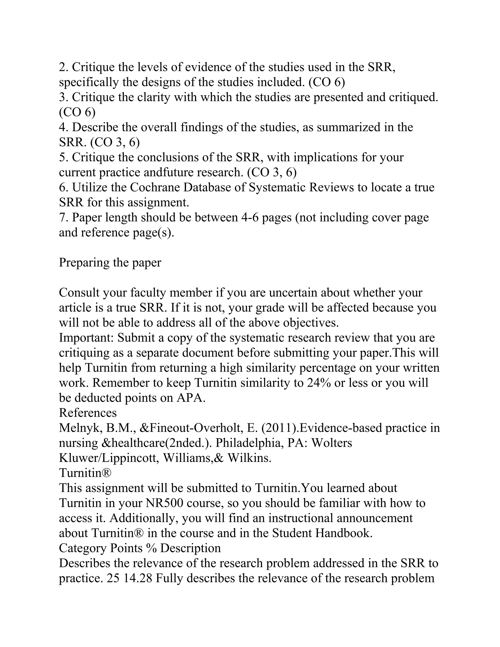 2. Critique the levels of evidence of the studies used in the SRR,
specifically the designs of the studies included. (CO 6)
3. Critique the clarity with which the studies are presented and critiqued.
(CO 6)
4. Describe the overall findings of the studies, as summarized in the
SRR. (CO 3, 6)
5. Critique the conclusions of the SRR, with implications for your
current practice andfuture research. (CO 3, 6)
6. Utilize the Cochrane Database of Systematic Reviews to locate a true
SRR for this assignment.
7. Paper length should be between 4-6 pages (not including cover page
and reference page(s).
Preparing the paper
Consult your faculty member if you are uncertain about whether your
article is a true SRR. If it is not, your grade will be affected because you
will not be able to address all of the above objectives.
Important: Submit a copy of the systematic research review that you are
critiquing as a separate document before submitting your paper.This will
help Turnitin from returning a high similarity percentage on your written
work. Remember to keep Turnitin similarity to 24% or less or you will
be deducted points on APA.
References
Melnyk, B.M., &Fineout-Overholt, E. (2011).Evidence-based practice in
nursing &healthcare(2nded.). Philadelphia, PA: Wolters
Kluwer/Lippincott, Williams,& Wilkins.
Turnitin®
This assignment will be submitted to Turnitin.You learned about
Turnitin in your NR500 course, so you should be familiar with how to
access it. Additionally, you will find an instructional announcement
about Turnitin® in the course and in the Student Handbook.
Category Points % Description
Describes the relevance of the research problem addressed in the SRR to
practice. 25 14.28 Fully describes the relevance of the research problem
 