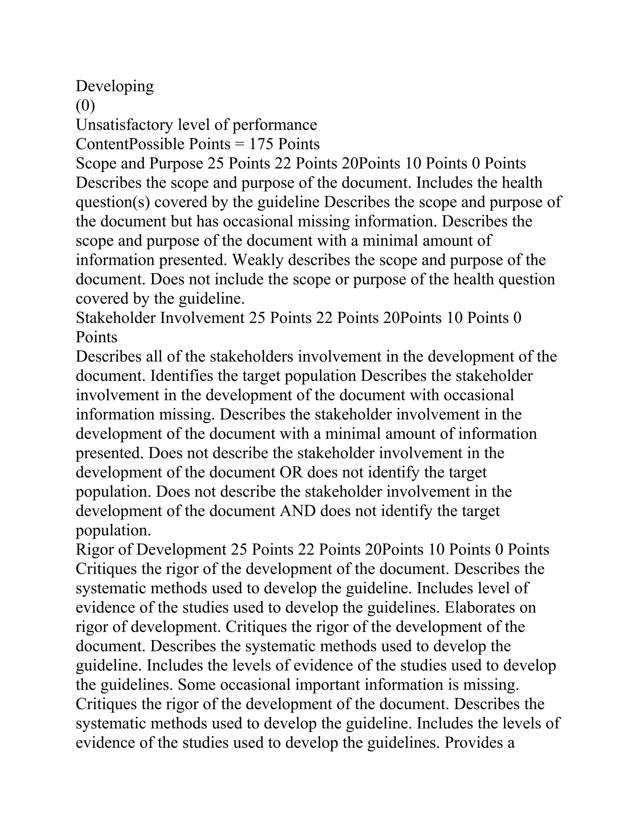 Developing
(0)
Unsatisfactory level of performance
ContentPossible Points = 175 Points
Scope and Purpose 25 Points 22 Points 20Points 10 Points 0 Points
Describes the scope and purpose of the document. Includes the health
question(s) covered by the guideline Describes the scope and purpose of
the document but has occasional missing information. Describes the
scope and purpose of the document with a minimal amount of
information presented. Weakly describes the scope and purpose of the
document. Does not include the scope or purpose of the health question
covered by the guideline.
Stakeholder Involvement 25 Points 22 Points 20Points 10 Points 0
Points
Describes all of the stakeholders involvement in the development of the
document. Identifies the target population Describes the stakeholder
involvement in the development of the document with occasional
information missing. Describes the stakeholder involvement in the
development of the document with a minimal amount of information
presented. Does not describe the stakeholder involvement in the
development of the document OR does not identify the target
population. Does not describe the stakeholder involvement in the
development of the document AND does not identify the target
population.
Rigor of Development 25 Points 22 Points 20Points 10 Points 0 Points
Critiques the rigor of the development of the document. Describes the
systematic methods used to develop the guideline. Includes level of
evidence of the studies used to develop the guidelines. Elaborates on
rigor of development. Critiques the rigor of the development of the
document. Describes the systematic methods used to develop the
guideline. Includes the levels of evidence of the studies used to develop
the guidelines. Some occasional important information is missing.
Critiques the rigor of the development of the document. Describes the
systematic methods used to develop the guideline. Includes the levels of
evidence of the studies used to develop the guidelines. Provides a
 