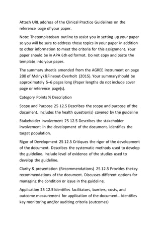 Attach URL address of the Clinical Practice Guidelines on the
reference page of your paper.
Note: Thetemplateisan outline to assist you in setting up your paper
so you will be sure to address those topics in your paper in addition
to other information to meet the criteria for this assignment. Your
paper should be in APA 6th ed format. Do not copy and paste the
template into your paper.
The summary sheetis amended from the AGREE instrument on page
200 of Melnyk&Fineout-Overholt (2015). Your summaryshould be
approximately 5–6 pages long (Paper lengths do not include cover
page or reference page(s).
Category Points % Description
Scope and Purpose 25 12.5 Describes the scope and purpose of the
document. Includes the health question(s) covered by the guideline
Stakeholder Involvement 25 12.5 Describes the stakeholder
involvement in the development of the document. Identifies the
target population.
Rigor of Development 25 12.5 Critiques the rigor of the development
of the document. Describes the systematic methods used to develop
the guideline. Include level of evidence of the studies used to
develop the guideline.
Clarity & presentation (Recommendations) 25 12.5 Provides thekey
recommendations of the document. Discusses different options for
managing the condition or issue in the guideline.
Application 25 12.5 Identifies facilitators, barriers, costs, and
outcome measurement for application of the document.. Identifies
key monitoring and/or auditing criteria (outcomes)
 