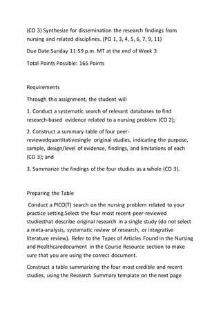 (CO 3) Synthesize for dissemination the research findings from
nursing and related disciplines. (PO 1, 3, 4, 5, 6, 7, 9, 11)
Due Date:Sunday 11:59 p.m. MT at the end of Week 3
Total Points Possible: 165 Points
Requirements
Through this assignment, the student will
1. Conduct a systematic search of relevant databases to find
research-based evidence related to a nursing problem (CO 2);
2. Construct a summary table of four peer-
reviewedquantitativesingle original studies, indicating the purpose,
sample, design/level of evidence, findings, and limitations of each
(CO 3); and
3. Summarize the findings of the four studies as a whole (CO 3).
Preparing the Table
Conduct a PICO(T) search on the nursing problem related to your
practice setting.Select the four most recent peer-reviewed
studiesthat describe original research in a single study (do not select
a meta-analysis, systematic review of research, or integrative
literature review). Refer to the Types of Articles Found in the Nursing
and Healthcaredocument in the Course Resource section to make
sure that you are using the correct document.
Construct a table summarizing the four most credible and recent
studies, using the Research Summary template on the next page
 
