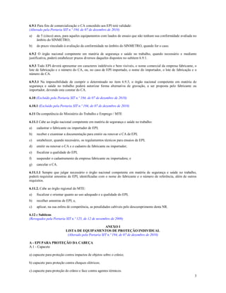 3
6.9.1 Para fins de comercialização o CA concedido aos EPI terá validade:
(Alterado pela Portaria SIT n.º 194, de 07 de dezembro de 2010)
a) de 5 (cinco) anos, para aqueles equipamentos com laudos de ensaio que não tenham sua conformidade avaliada no
âmbito do SINMETRO;
b) do prazo vinculado à avaliação da conformidade no âmbito do SINMETRO, quando for o caso.
6.9.2 O órgão nacional competente em matéria de segurança e saúde no trabalho, quando necessário e mediante
justificativa, poderá estabelecer prazos diversos daqueles dispostos no subitem 6.9.1.
6.9.3 Todo EPI deverá apresentar em caracteres indeléveis e bem visíveis, o nome comercial da empresa fabricante, o
lote de fabricação e o número do CA, ou, no caso de EPI importado, o nome do importador, o lote de fabricação e o
número do CA.
6.9.3.1 Na impossibilidade de cumprir o determinado no item 6.9.3, o órgão nacional competente em matéria de
segurança e saúde no trabalho poderá autorizar forma alternativa de gravação, a ser proposta pelo fabricante ou
importador, devendo esta constar do CA.
6.10 (Excluído pela Portaria SIT n.º 194, de 07 de dezembro de 2010)
6.10.1 (Excluído pela Portaria SIT n.º 194, de 07 de dezembro de 2010)
6.11 Da competência do Ministério do Trabalho e Emprego / MTE
6.11.1 Cabe ao órgão nacional competente em matéria de segurança e saúde no trabalho:
a) cadastrar o fabricante ou importador de EPI;
b) receber e examinar a documentação para emitir ou renovar o CA de EPI;
c) estabelecer, quando necessário, os regulamentos técnicos para ensaios de EPI;
d) emitir ou renovar o CA e o cadastro de fabricante ou importador;
e) fiscalizar a qualidade do EPI;
f) suspender o cadastramento da empresa fabricante ou importadora; e
g) cancelar o CA.
6.11.1.1 Sempre que julgar necessário o órgão nacional competente em matéria de segurança e saúde no trabalho,
poderá requisitar amostras de EPI, identificadas com o nome do fabricante e o número de referência, além de outros
requisitos.
6.11.2. Cabe ao órgão regional do MTE:
a) fiscalizar e orientar quanto ao uso adequado e a qualidade do EPI;
b) recolher amostras de EPI; e,
c) aplicar, na sua esfera de competência, as penalidades cabíveis pelo descumprimento desta NR.
6.12 e Subitens
(Revogados pela Portaria SIT n.º 125, de 12 de novembro de 2009)
ANEXO I
LISTA DE EQUIPAMENTOS DE PROTEÇÃO INDIVIDUAL
(Alterado pela Portaria SIT n.º 194, de 07 de dezembro de 2010)
A - EPI PARA PROTEÇÃO DA CABEÇA
A.1 - Capacete
a) capacete para proteção contra impactos de objetos sobre o crânio;
b) capacete para proteção contra choques elétricos;
c) capacete para proteção do crânio e face contra agentes térmicos.
 