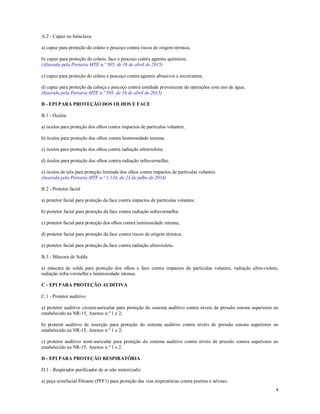 4
A.2 - Capuz ou balaclava
a) capuz para proteção do crânio e pescoço contra riscos de origem térmica;
b) capuz para proteção do crânio, face e pescoço contra agentes químicos;
(Alterada pela Portaria MTE n.º 505, de 16 de abril de 2015)
c) capuz para proteção do crânio e pescoço contra agentes abrasivos e escoriantes;
d) capuz para proteção da cabeça e pescoço contra umidade proveniente de operações com uso de água.
(Inserida pela Portaria MTE n.º 505, de 16 de abril de 2015)
B - EPI PARA PROTEÇÃO DOS OLHOS E FACE
B.1 - Óculos
a) óculos para proteção dos olhos contra impactos de partículas volantes;
b) óculos para proteção dos olhos contra luminosidade intensa;
c) óculos para proteção dos olhos contra radiação ultravioleta;
d) óculos para proteção dos olhos contra radiação infravermelha;
e) óculos de tela para proteção limitada dos olhos contra impactos de partículas volantes.
(Inserida pela Portaria MTE n.º 1.134, de 23 de julho de 2014)
B.2 - Protetor facial
a) protetor facial para proteção da face contra impactos de partículas volantes;
b) protetor facial para proteção da face contra radiação infravermelha;
c) protetor facial para proteção dos olhos contra luminosidade intensa;
d) protetor facial para proteção da face contra riscos de origem térmica;
e) protetor facial para proteção da face contra radiação ultravioleta.
B.3 - Máscara de Solda
a) máscara de solda para proteção dos olhos e face contra impactos de partículas volantes, radiação ultra-violeta,
radiação infra-vermelha e luminosidade intensa.
C - EPI PARA PROTEÇÃO AUDITIVA
C.1 - Protetor auditivo
a) protetor auditivo circum-auricular para proteção do sistema auditivo contra níveis de pressão sonora superiores ao
estabelecido na NR-15, Anexos n.º 1 e 2;
b) protetor auditivo de inserção para proteção do sistema auditivo contra níveis de pressão sonora superiores ao
estabelecido na NR-15, Anexos n.º 1 e 2;
c) protetor auditivo semi-auricular para proteção do sistema auditivo contra níveis de pressão sonora superiores ao
estabelecido na NR-15, Anexos n.º 1 e 2.
D - EPI PARA PROTEÇÃO RESPIRATÓRIA
D.1 - Respirador purificador de ar não motorizado:
a) peça semifacial filtrante (PFF1) para proteção das vias respiratórias contra poeiras e névoas;
 