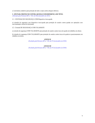 8
c) vestimenta condutiva para proteção de todo o corpo contra choques elétricos.
I - EPI PARA PROTEÇÃO CONTRA QUEDAS COM DIFERENÇA DE NÍVEL
(Alterado pela Portaria SIT n.º 292, de 08 de dezembro de 2011)
I.1 - CINTURAO DE SEGURANÇA COM Dispositivo trava-queda
a) cinturão de segurança com dispositivo trava-queda para proteção do usuário contra quedas em operações com
movimentação vertical ou horizontal.
I.2 - Cinturão DE SEGURANÇA COM TALABARTE
a) cinturão de segurança COM TALABARTE para proteção do usuário contra riscos de queda em trabalhos em altura;
b) cinturão de segurança COM TALABARTE para proteção do usuário contra riscos de queda no posicionamento em
trabalhos em altura.
ANEXO II
(Excluído pela Portaria SIT n.º 194, de 07 de dezembro de 2010)
ANEXO III
(Excluído pela Portaria SIT n.º 194, de 07 de dezembro de 2010)
 