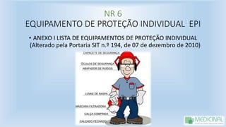 NR 6
EQUIPAMENTO DE PROTEÇÃO INDIVIDUAL EPI
• ANEXO I LISTA DE EQUIPAMENTOS DE PROTEÇÃO INDIVIDUAL
(Alterado pela Portaria SIT n.º 194, de 07 de dezembro de 2010)
 