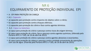 NR 6
EQUIPAMENTO DE PROTEÇÃO INDIVIDUAL EPI
• A - EPI PARA PROTEÇÃO DA CABEÇA
• A.1 - Capacete
• a) capacete para proteção contra impactos de objetos sobre o crânio;
• b) capacete para proteção contra choques elétricos;
• c) capacete para proteção do crânio e face contra agentes térmicos.
• A.2 - Capuz ou balaclava
• a) capuz para proteção do crânio e pescoço contra riscos de origem térmica;
• b) capuz para proteção do crânio, face e pescoço contra agentes químicos; (Alterada pela
Portaria MTE n.º 505, de 16 de abril de 2015)
• c) capuz para proteção do crânio e pescoço contra agentes abrasivos e escoriantes;
• d) capuz para proteção da cabeça e pescoço contra umidade proveniente de operações
com uso de água. (Inserida pela Portaria MTE n.º 505, de 16 de abril de 2015)
 