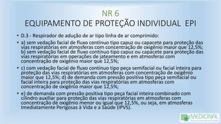 NR 6
EQUIPAMENTO DE PROTEÇÃO INDIVIDUAL EPI
• D.3 - Respirador de adução de ar tipo linha de ar comprimido:
• a) sem vedação facial de fluxo contínuo tipo capuz ou capacete para proteção das
vias respiratórias em atmosferas com concentração de oxigênio maior que 12,5%;
b) sem vedação facial de fluxo contínuo tipo capuz ou capacete para proteção das
vias respiratórias em operações de jateamento e em atmosferas com
concentração de oxigênio maior que 12,5%;
• c) com vedação facial de fluxo contínuo tipo peça semifacial ou facial inteira para
proteção das vias respiratórias em atmosferas com concentração de oxigênio
maior que 12,5%; d) de demanda com pressão positiva tipo peça semifacial ou
facial inteira para proteção das vias respiratórias em atmosferas com
concentração de oxigênio maior que 12,5%;
• e) de demanda com pressão positiva tipo peça facial inteira combinado com
cilindro auxiliar para proteção das vias respiratórias em atmosferas com
concentração de oxigênio menor ou igual que 12,5%, ou seja, em atmosferas
Imediatamente Perigosas à Vida e a Saúde (IPVS).
 