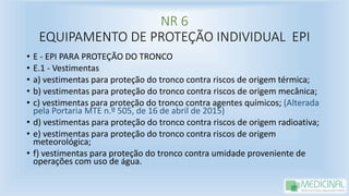 NR 6
EQUIPAMENTO DE PROTEÇÃO INDIVIDUAL EPI
• E - EPI PARA PROTEÇÃO DO TRONCO
• E.1 - Vestimentas
• a) vestimentas para proteção do tronco contra riscos de origem térmica;
• b) vestimentas para proteção do tronco contra riscos de origem mecânica;
• c) vestimentas para proteção do tronco contra agentes químicos; (Alterada
pela Portaria MTE n.º 505, de 16 de abril de 2015)
• d) vestimentas para proteção do tronco contra riscos de origem radioativa;
• e) vestimentas para proteção do tronco contra riscos de origem
meteorológica;
• f) vestimentas para proteção do tronco contra umidade proveniente de
operações com uso de água.
 