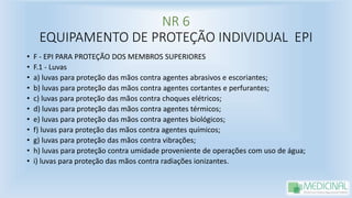NR 6
EQUIPAMENTO DE PROTEÇÃO INDIVIDUAL EPI
• F - EPI PARA PROTEÇÃO DOS MEMBROS SUPERIORES
• F.1 - Luvas
• a) luvas para proteção das mãos contra agentes abrasivos e escoriantes;
• b) luvas para proteção das mãos contra agentes cortantes e perfurantes;
• c) luvas para proteção das mãos contra choques elétricos;
• d) luvas para proteção das mãos contra agentes térmicos;
• e) luvas para proteção das mãos contra agentes biológicos;
• f) luvas para proteção das mãos contra agentes químicos;
• g) luvas para proteção das mãos contra vibrações;
• h) luvas para proteção contra umidade proveniente de operações com uso de água;
• i) luvas para proteção das mãos contra radiações ionizantes.
 