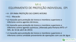 NR 6
EQUIPAMENTO DE PROTEÇÃO INDIVIDUAL EPI
• H - EPI PARA PROTEÇÃO DO CORPO INTEIRO
• H.1 - Macacão
• a) macacão para proteção do tronco e membros superiores e
inferiores contra agentes térmicos;
• b) macacão para proteção do tronco e membros superiores e
inferiores contra agentes químicos; (Alterada pela Portaria MTE n.º
505, de 16 de abril de 2015)
• c) macacão para proteção do tronco e membros superiores e
inferiores contra umidade proveniente de operações com uso de água
 