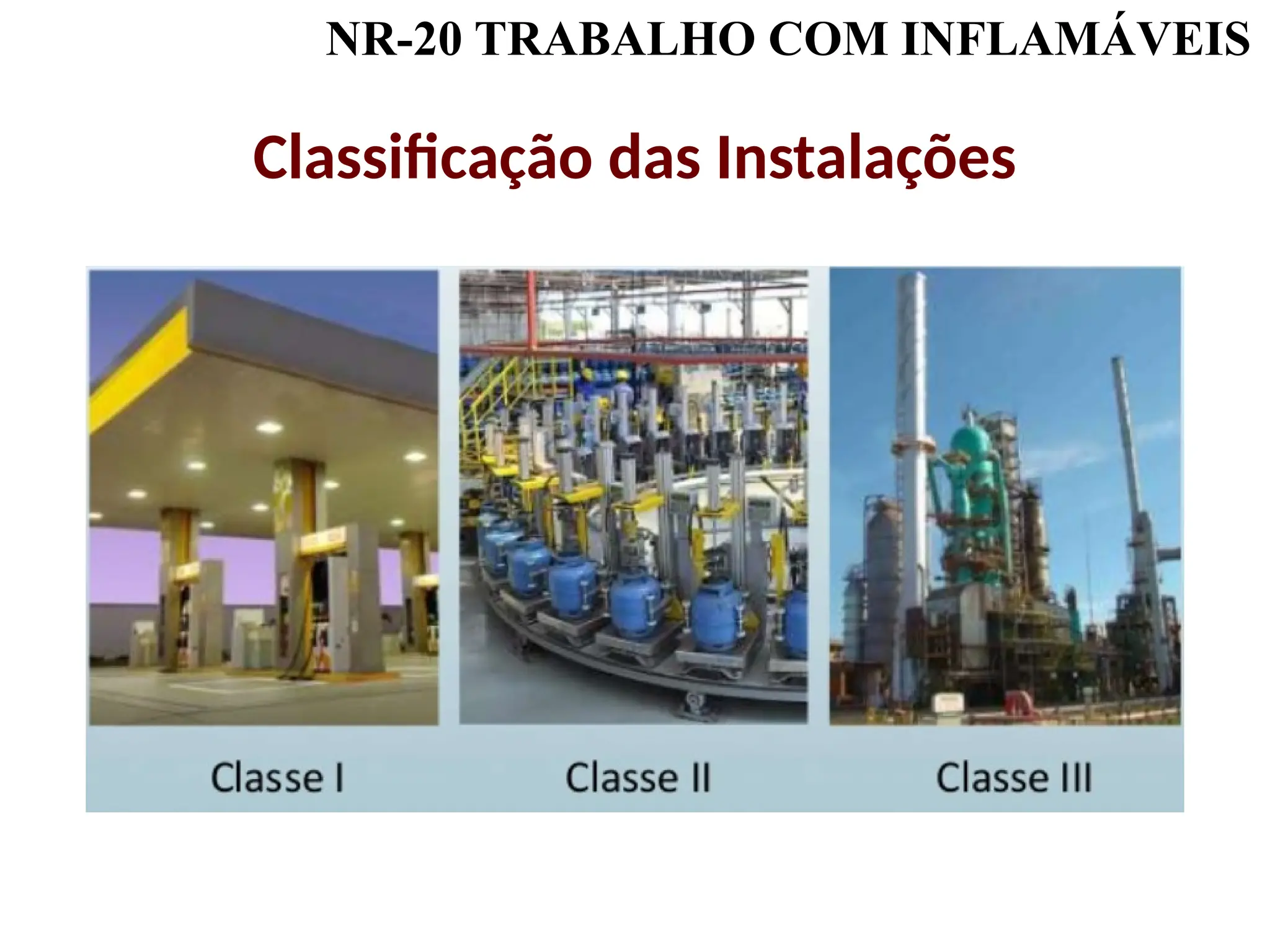 NR-20 TRABALHO COM INFLAMÁVEIS
Classificação das Instalações
 